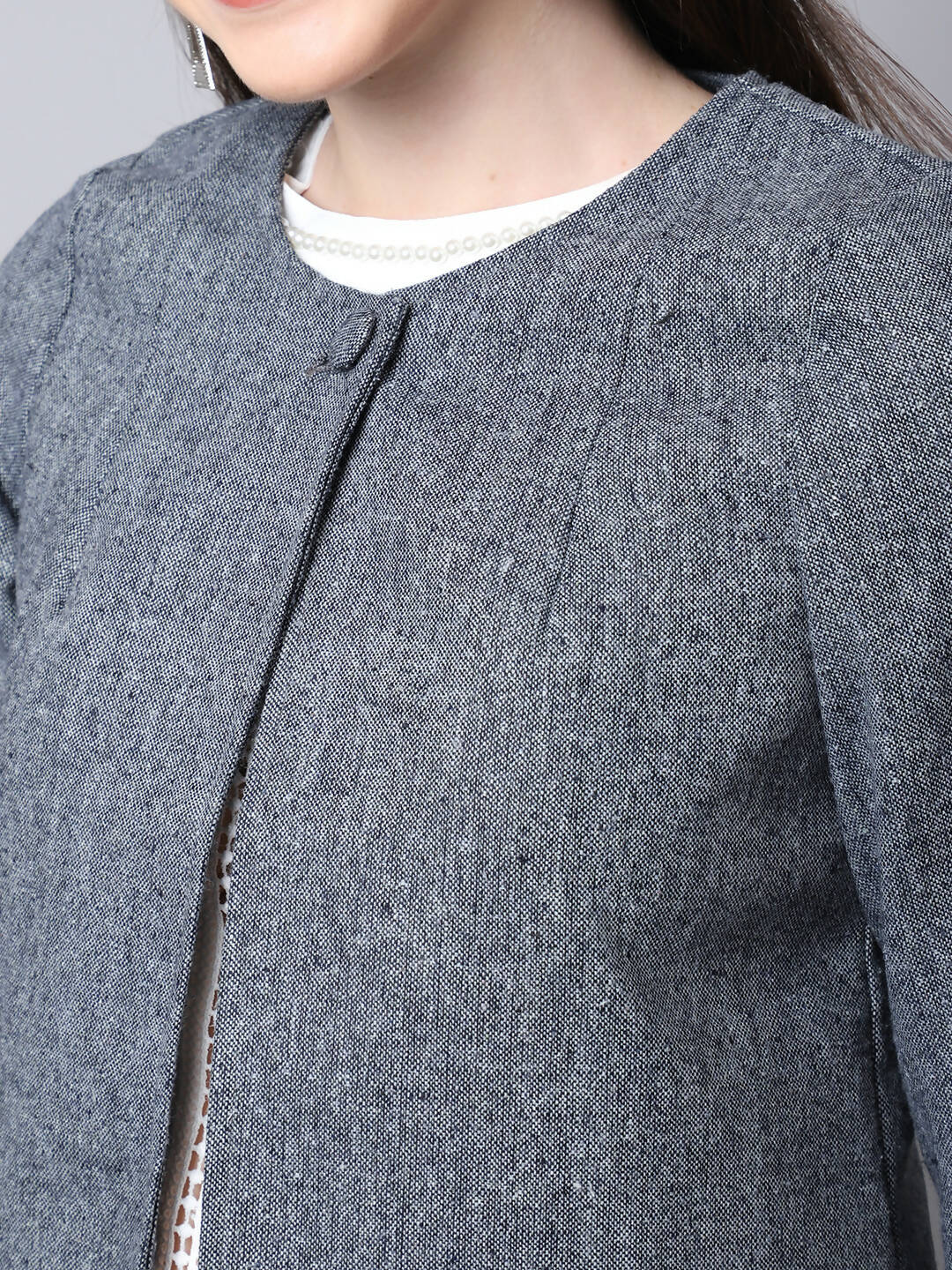 Even Apparels Grey Pure Wool Open Front Statement Jacket | Grocsy