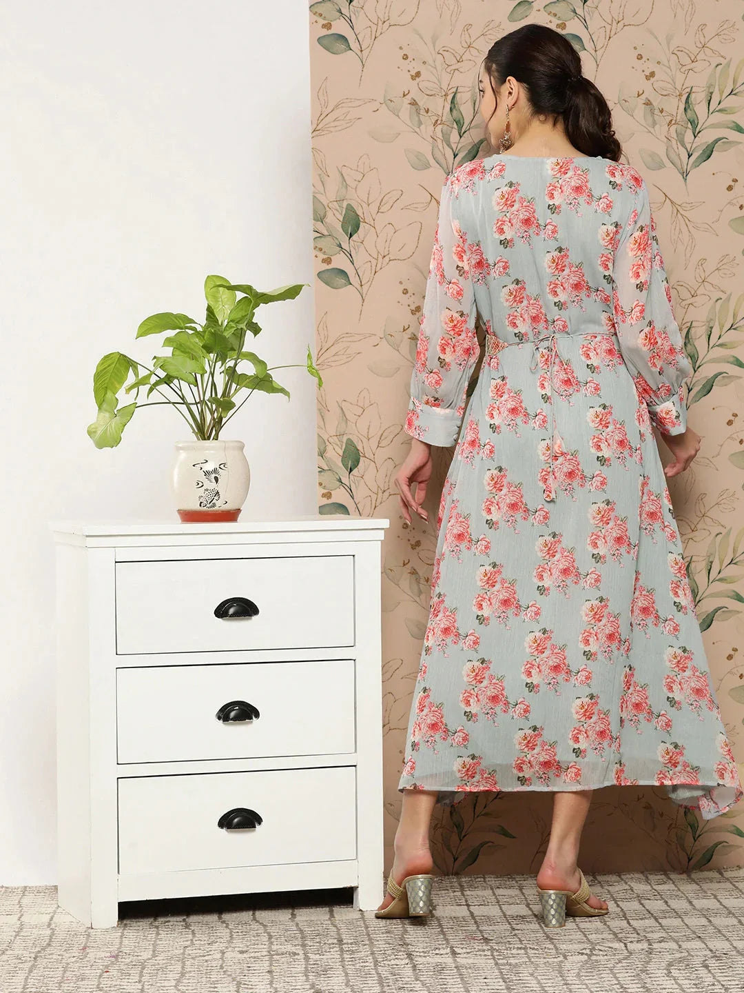 Yufta Floral Chiffon A-Line Midi Dress | Grocsy