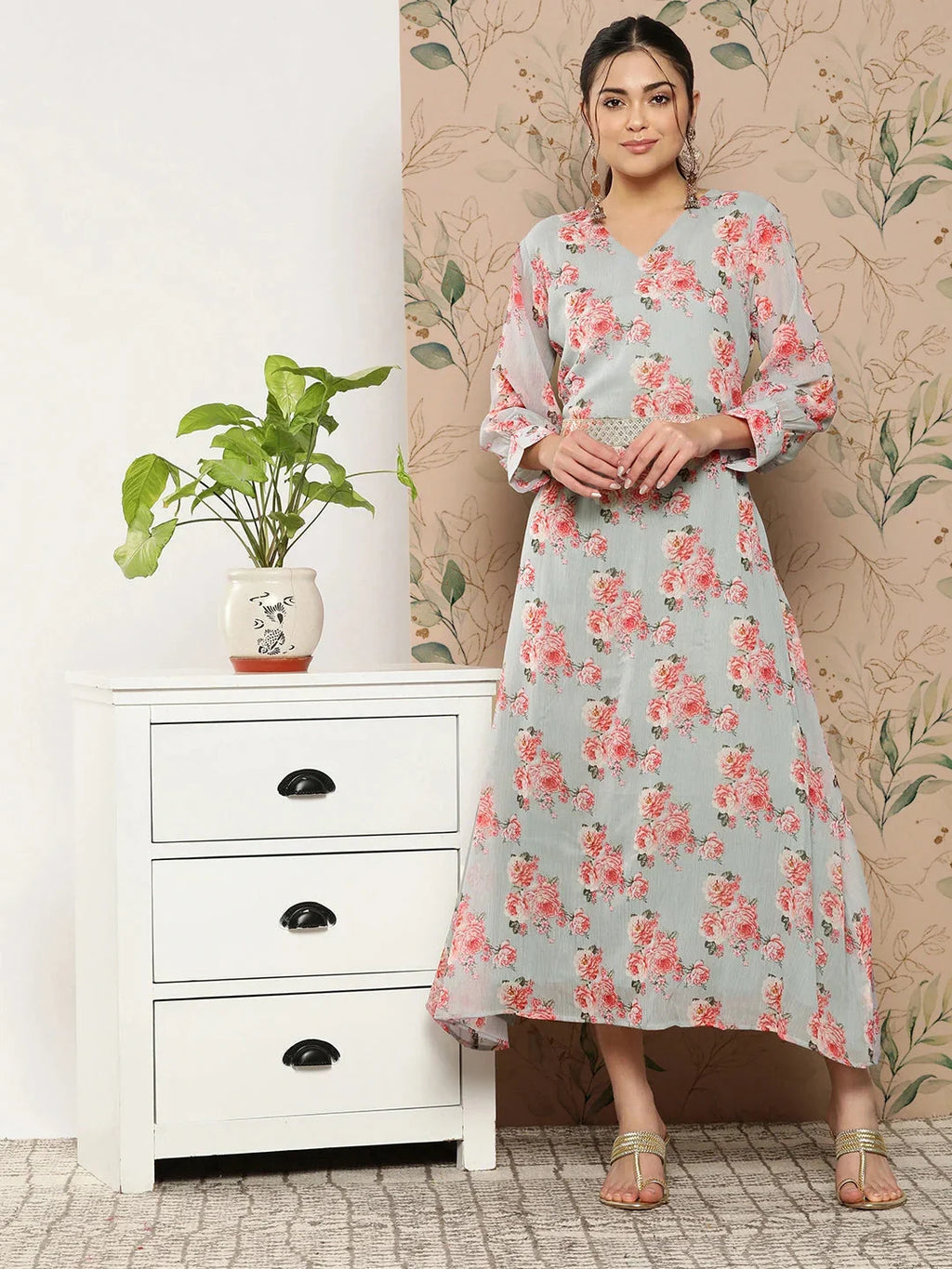 Yufta Floral Chiffon A-Line Midi Dress | Grocsy