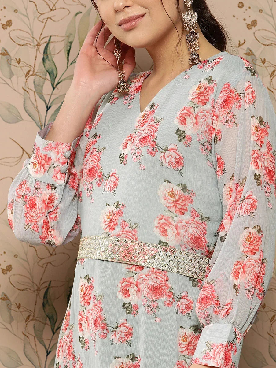 Yufta Floral Chiffon A-Line Midi Dress | Grocsy