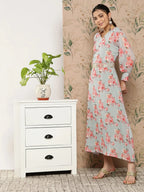 Yufta Floral Chiffon A-Line Midi Dress | Grocsy