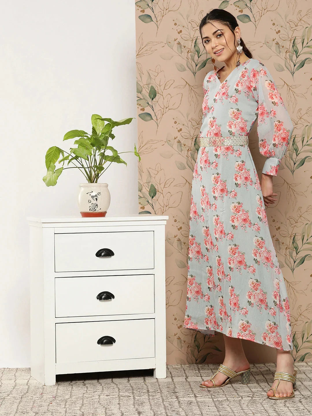 Yufta Floral Chiffon A-Line Midi Dress | Grocsy