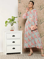 Yufta Floral Chiffon A-Line Midi Dress | Grocsy