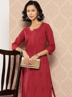 Yufta Floral Embroidered Chikankari Cotton Kurta | Grocsy