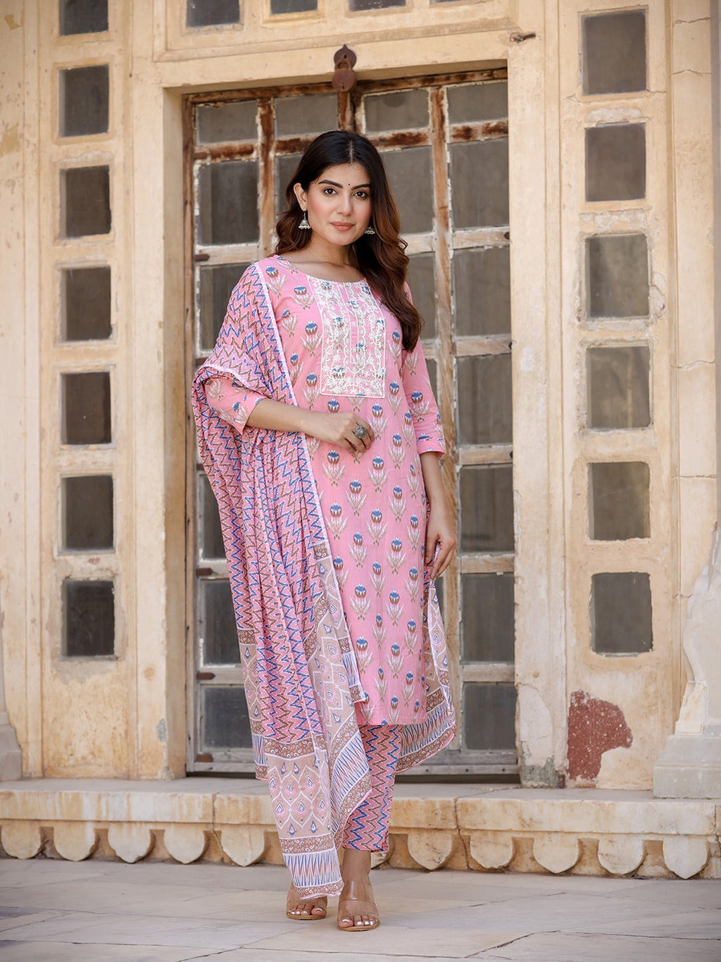 Yufta Floral Embroidered Regular Pure Cotton Kurta with Trousers & With Dupatta | Grocsy