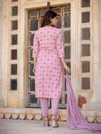 Yufta Floral Embroidered Regular Pure Cotton Kurta with Trousers & With Dupatta | Grocsy