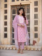 Yufta Floral Embroidered Regular Pure Cotton Kurta with Trousers & With Dupatta | Grocsy