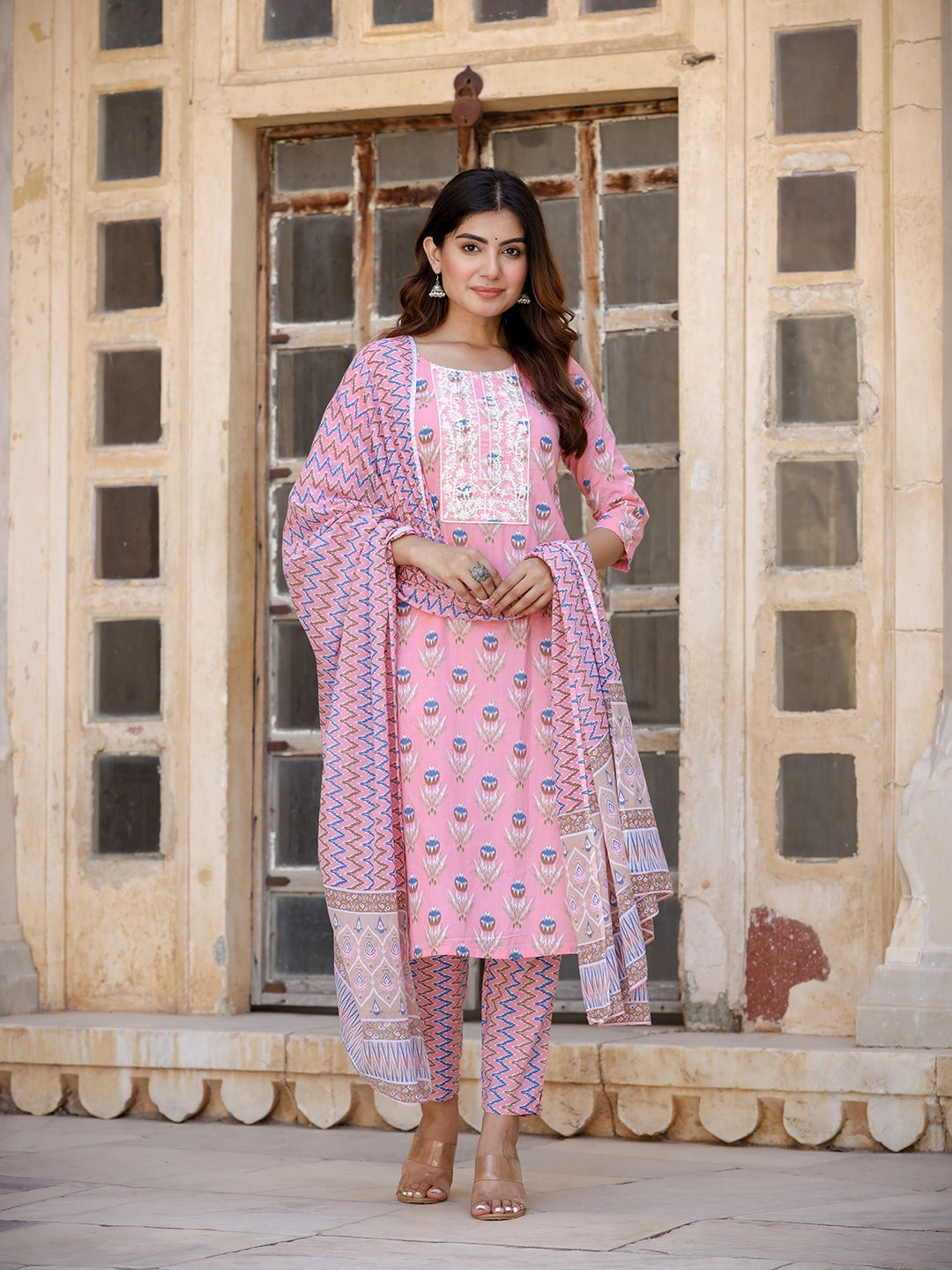 Yufta Floral Embroidered Regular Pure Cotton Kurta with Trousers & With Dupatta | Grocsy
