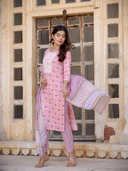 Yufta Floral Embroidered Regular Pure Cotton Kurta with Trousers & With Dupatta | Grocsy