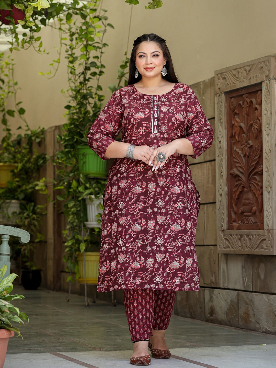 Yufta Floral Print Plus Size Gotta Patti Pure Cotton Kurta with Trousers & Dupatta | Grocsy