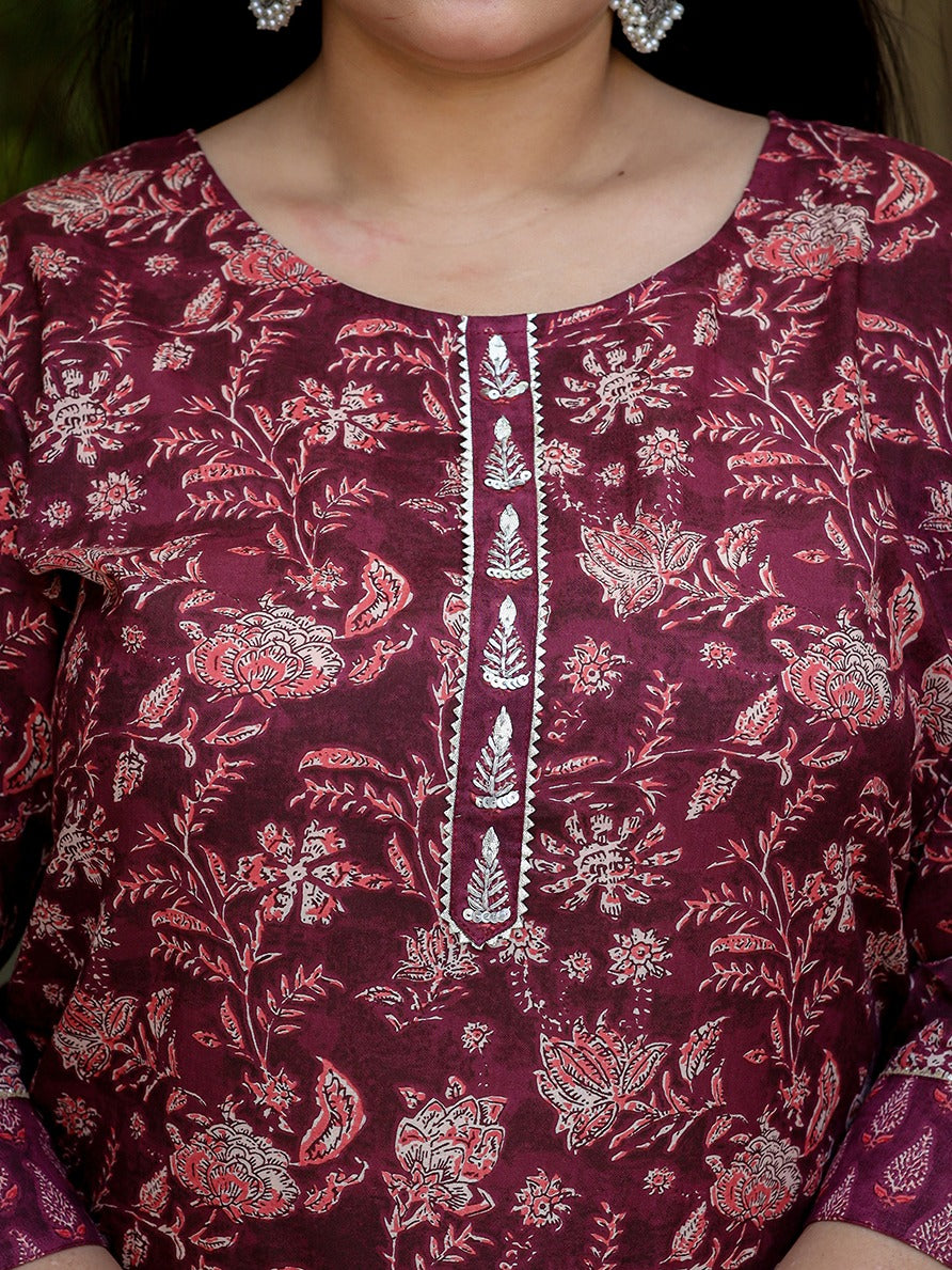 Yufta Floral Print Plus Size Gotta Patti Pure Cotton Kurta with Trousers & Dupatta | Grocsy