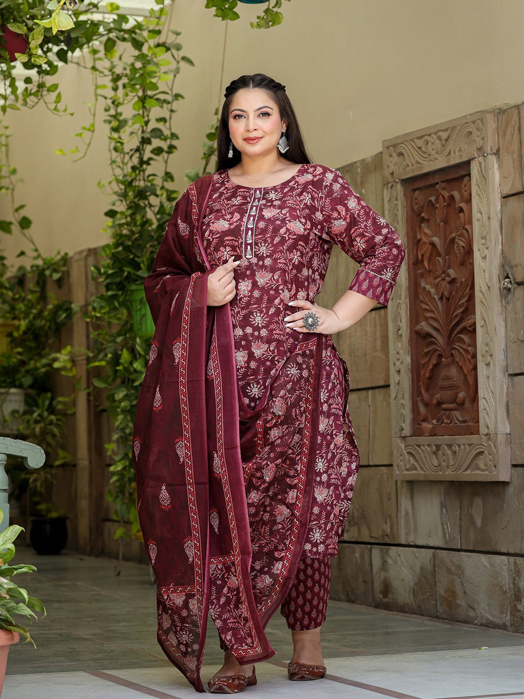 Yufta Floral Print Plus Size Gotta Patti Pure Cotton Kurta with Trousers & Dupatta | Grocsy