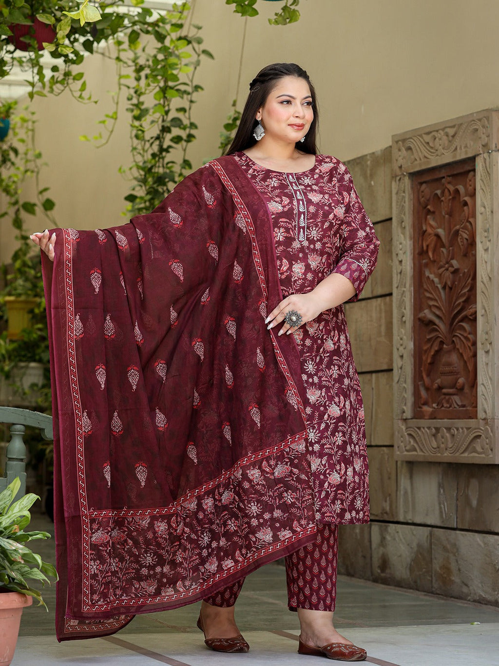 Yufta Floral Print Plus Size Gotta Patti Pure Cotton Kurta with Trousers & Dupatta | Grocsy