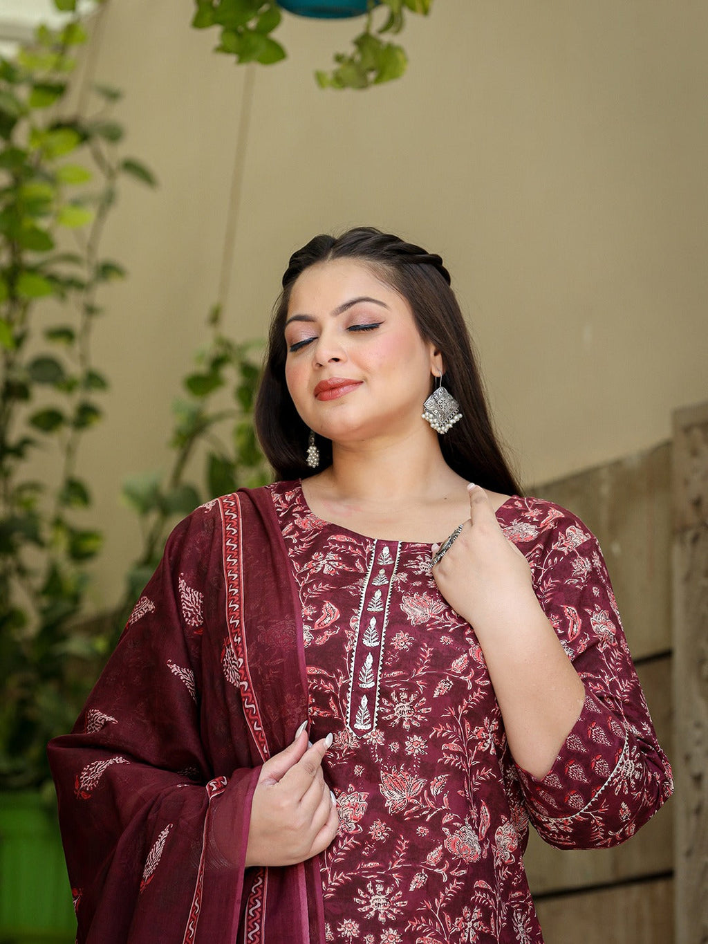 Yufta Floral Print Plus Size Gotta Patti Pure Cotton Kurta with Trousers & Dupatta | Grocsy
