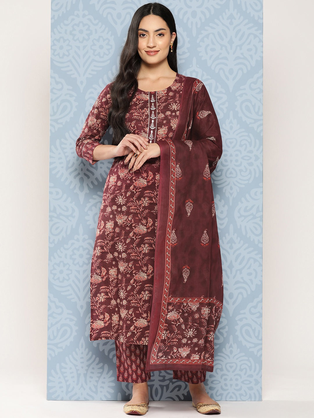 Yufta Floral Printed Regular Gotta Patti Pure Cotton Kurta with Trousers & Dupatta | Grocsy
