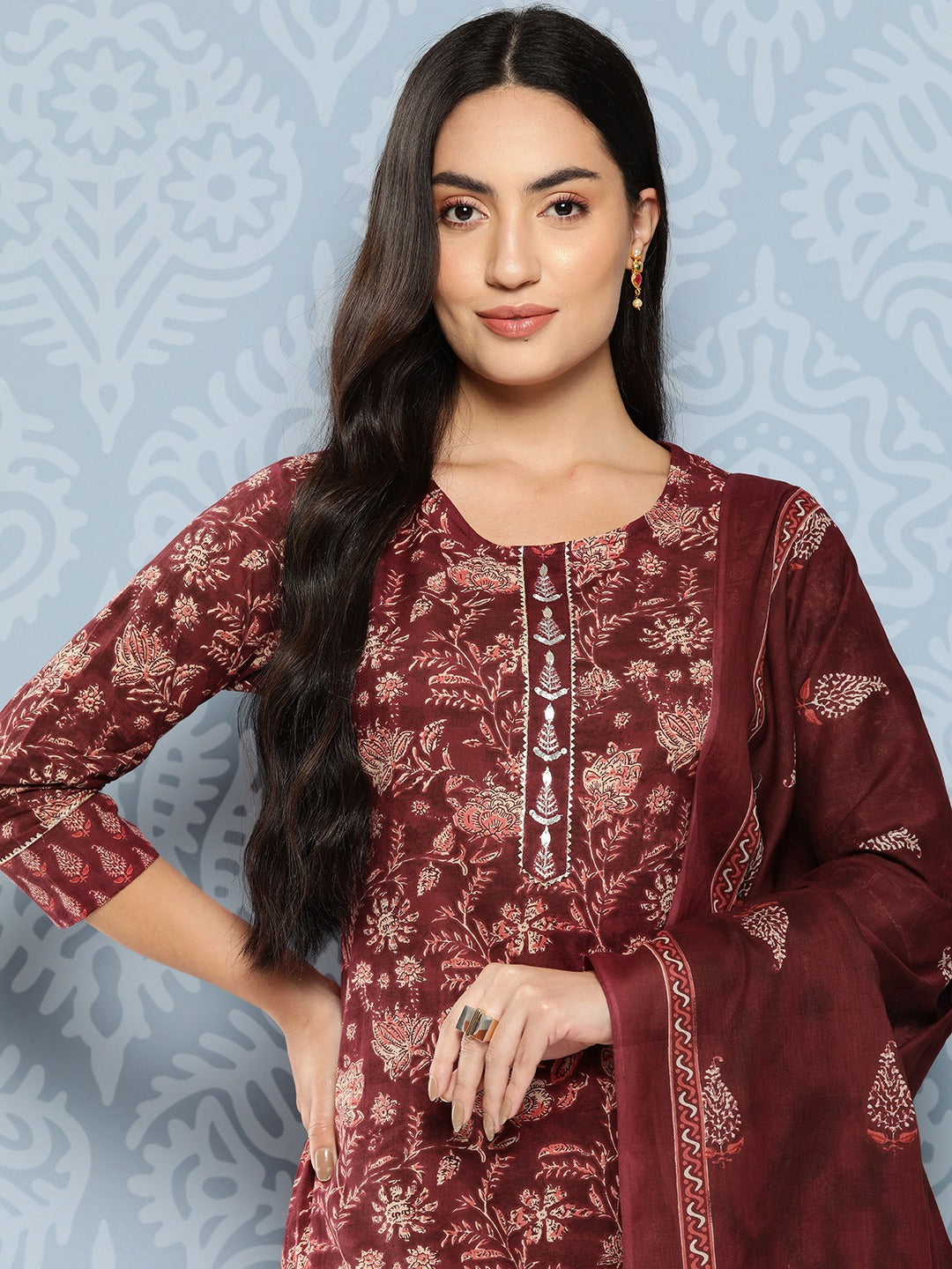Yufta Floral Printed Regular Gotta Patti Pure Cotton Kurta with Trousers & Dupatta | Grocsy