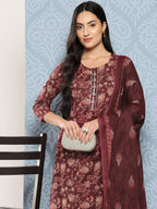Yufta Floral Printed Regular Gotta Patti Pure Cotton Kurta with Trousers & Dupatta | Grocsy