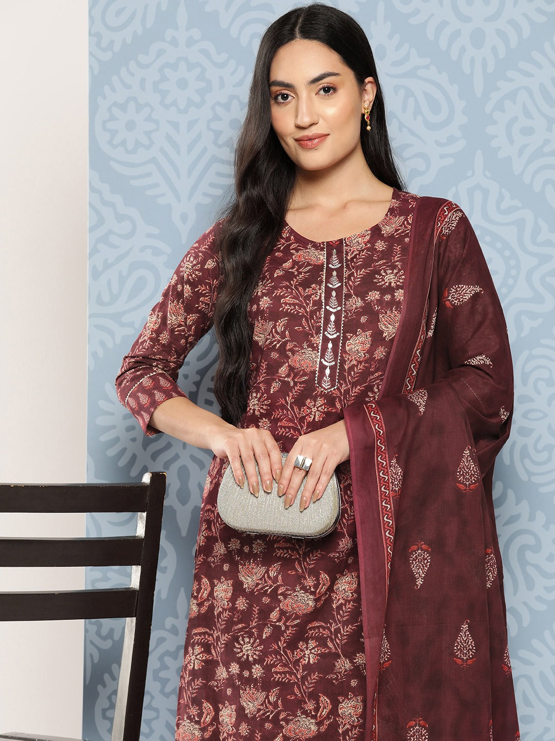 Yufta Floral Printed Regular Gotta Patti Pure Cotton Kurta with Trousers & Dupatta | Grocsy