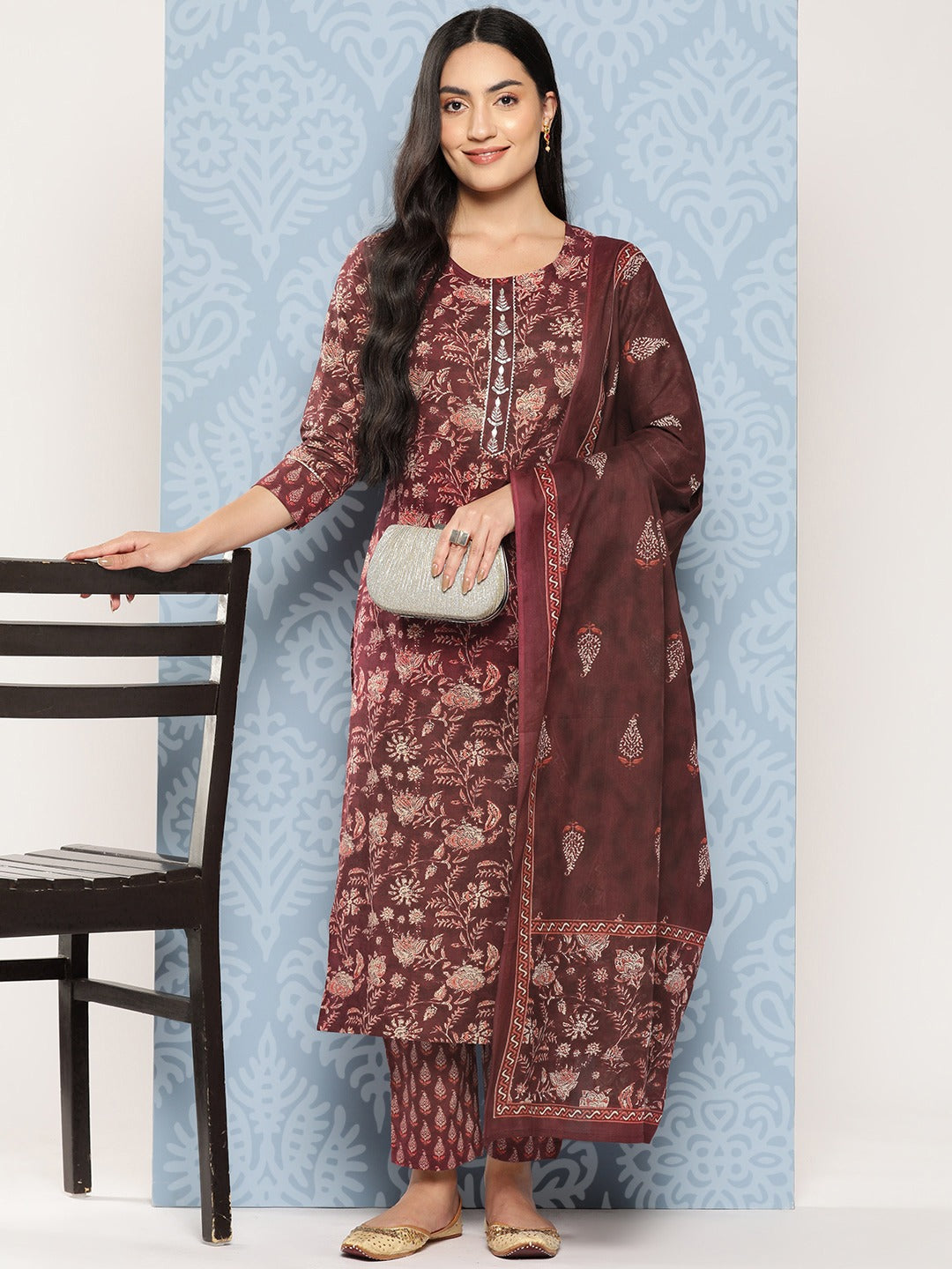 Yufta Floral Printed Regular Gotta Patti Pure Cotton Kurta with Trousers & Dupatta | Grocsy