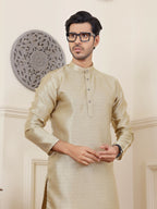 Beige Viscose Woven Jacquard Work Men's Rajwadi Kurta Set - Mahotsav | Grocsy