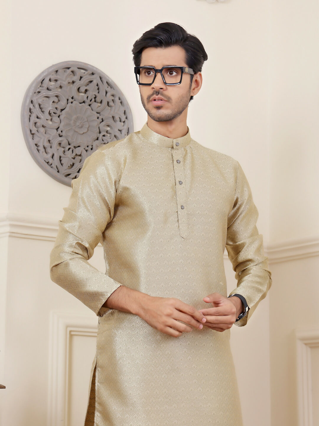 Beige Viscose Woven Jacquard Work Men's Rajwadi Kurta Set - Mahotsav | Grocsy
