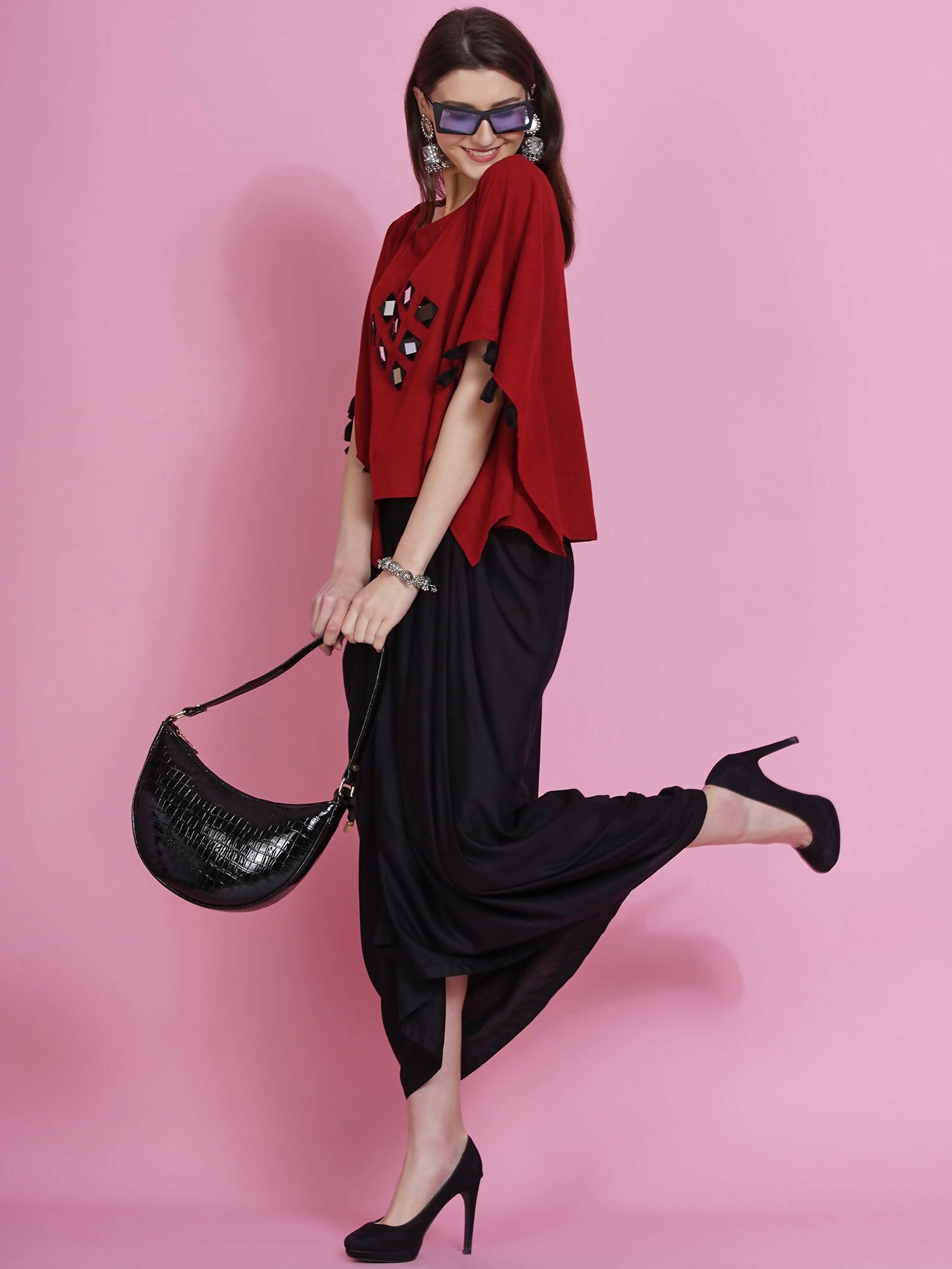 Women Republic Maroon Cotton Kaftan With Dhoti | Grocsy