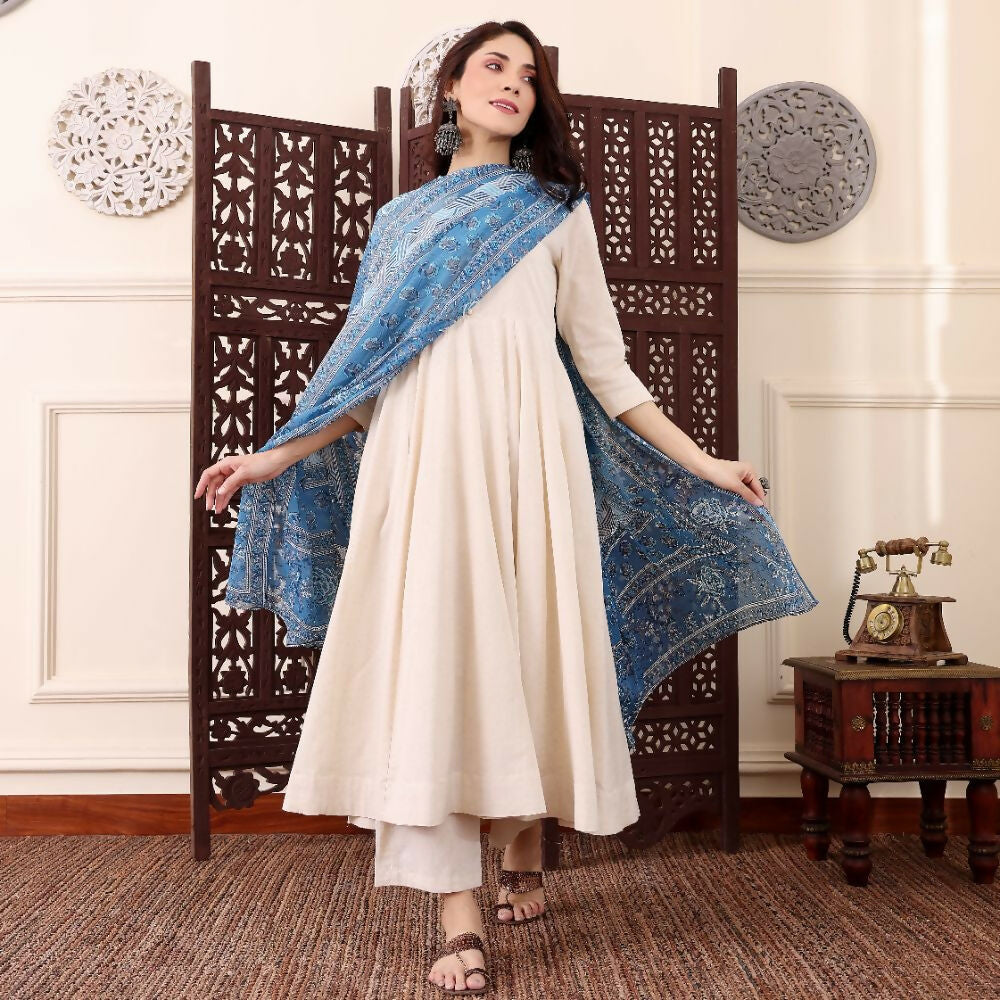 The52 Women's Beautiful Solid Chanderi Silk Fabric Flared Anarkali Pant and Dupatta Set | Grocsy