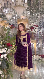 Joban Fashion Purple Velvet Sequence Embroidery Work Kurta Set | Grocsy