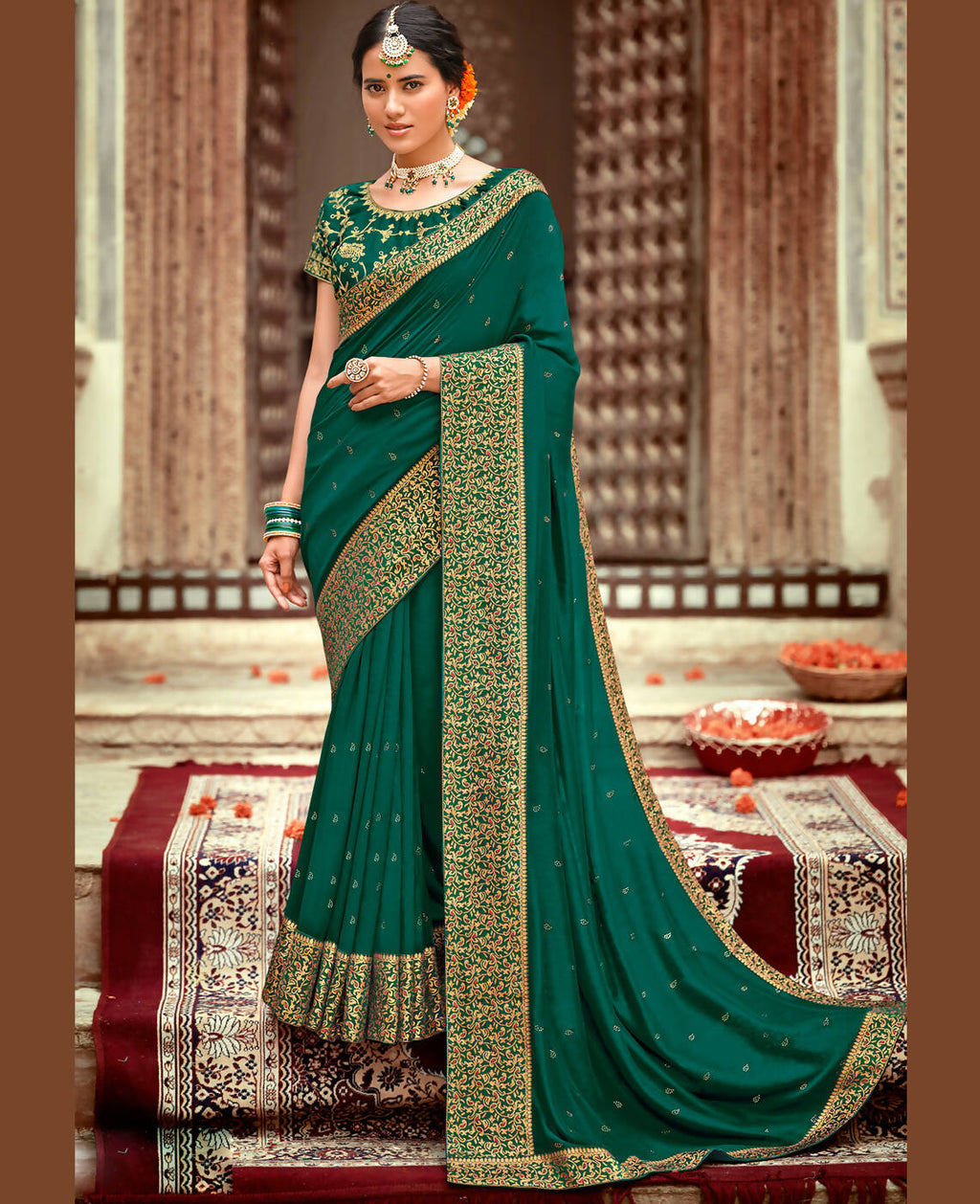 Bottle Green Vichitra Stone Work Saree With Unstitched Blouse Piece - Rosy | Grocsy