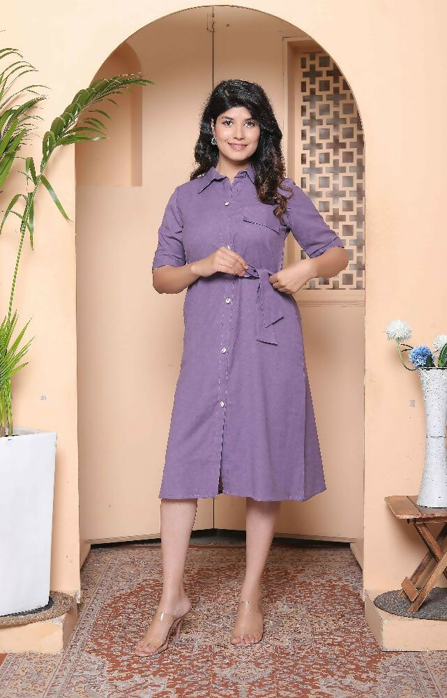 Miravan Womens Purple Solid Half Sleeve Midi Dress With Belt | Grocsy