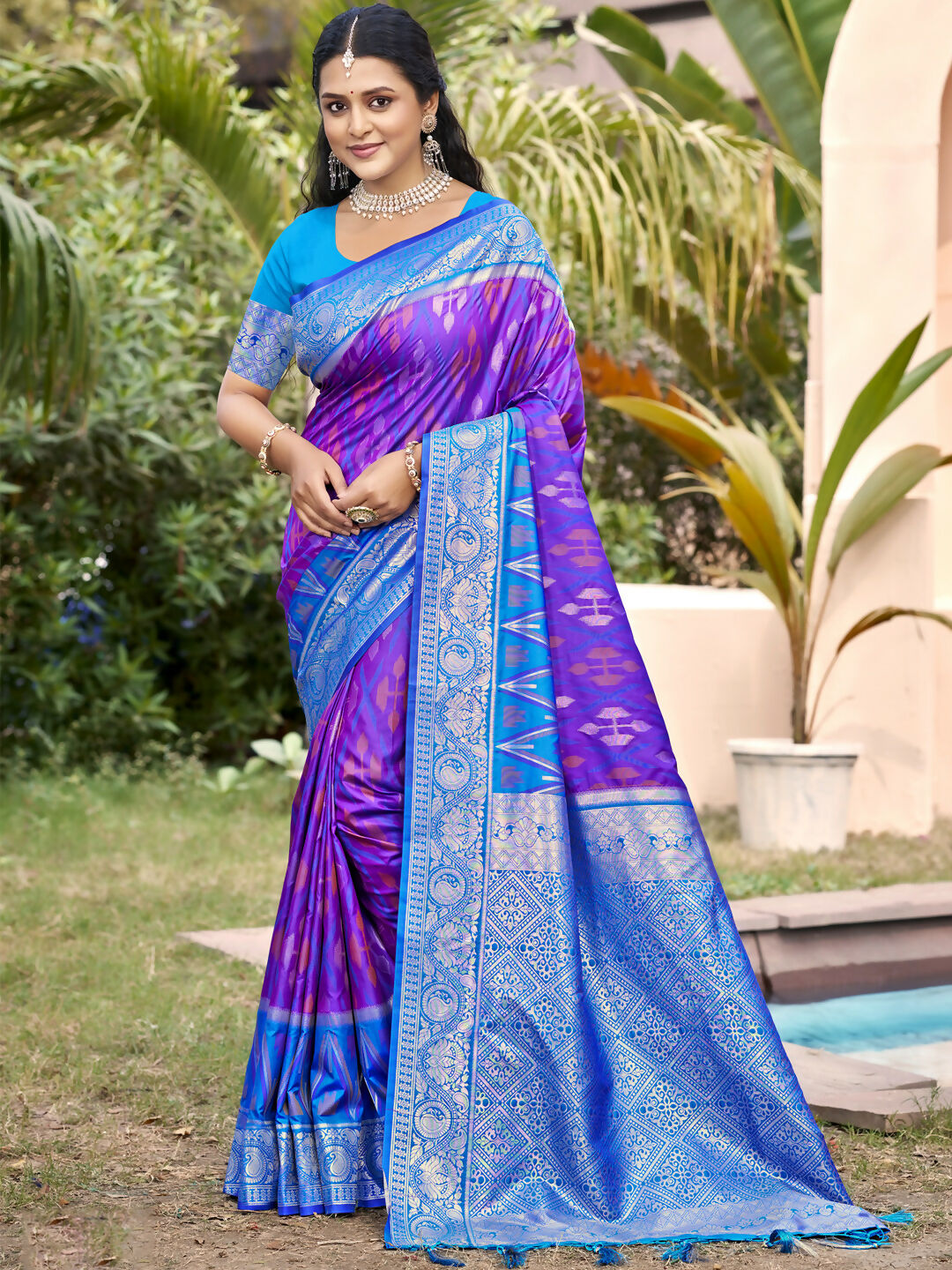 Shree Shyam Fashion Purple Pochampally Silk Saree | Grocsy