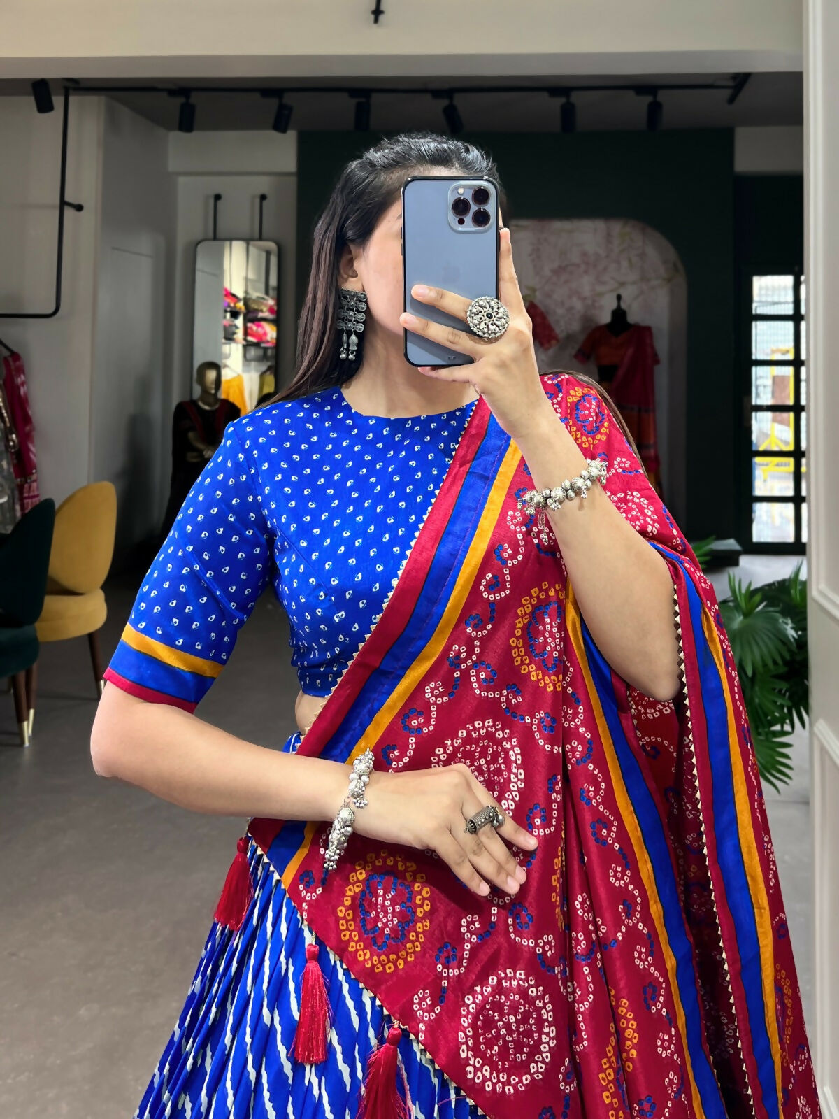 Vastranavya Cultural Leheriya With Patola Print Border Tussar Silk Lehenga Choli - Royal Blue | Grocsy