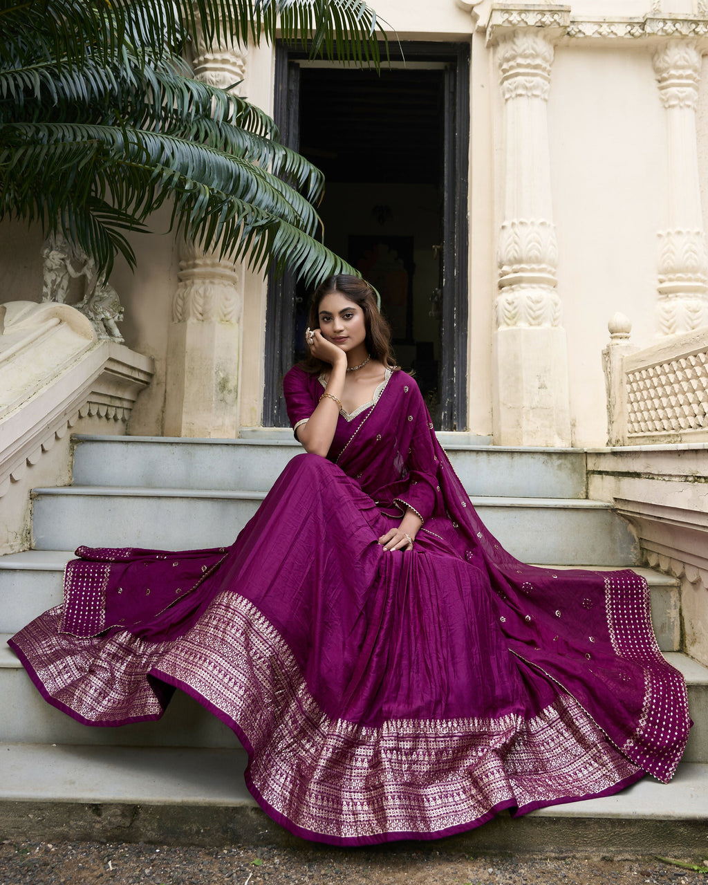 Lorenvalley Wine Pure Chanderi Plain With Zari Weaving Work Border Lehenga Choli | Grocsy