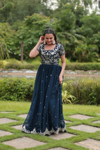 Vastranavya Premium Designer Faux Blooming with Coding Sequins Embroidery work Gown - Teal | Grocsy