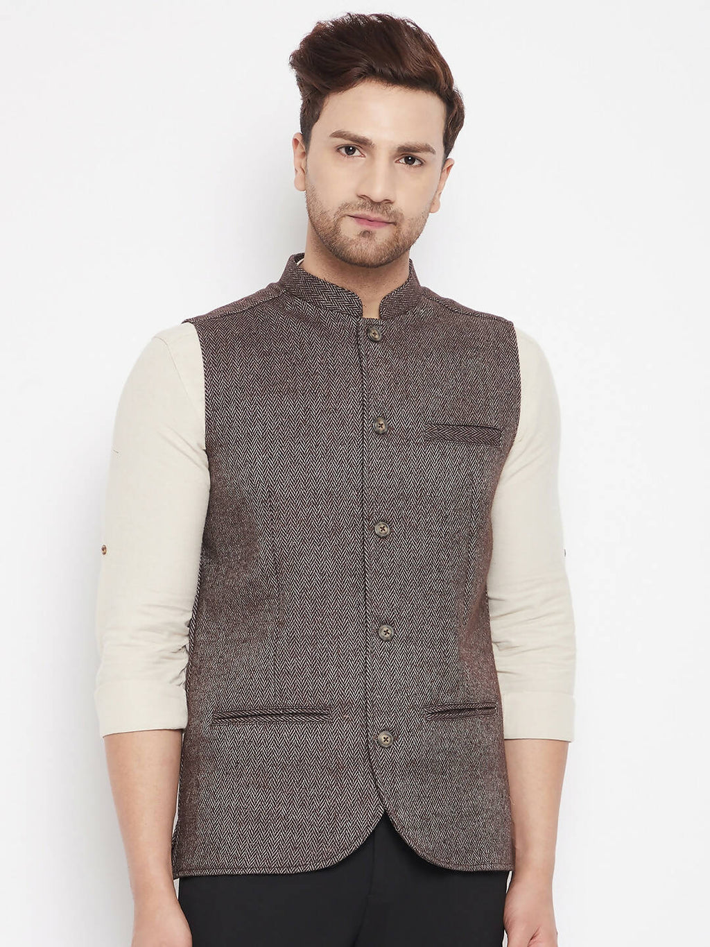 Even Apparels Brown Wool Men Woven Nehru Jacket | Grocsy