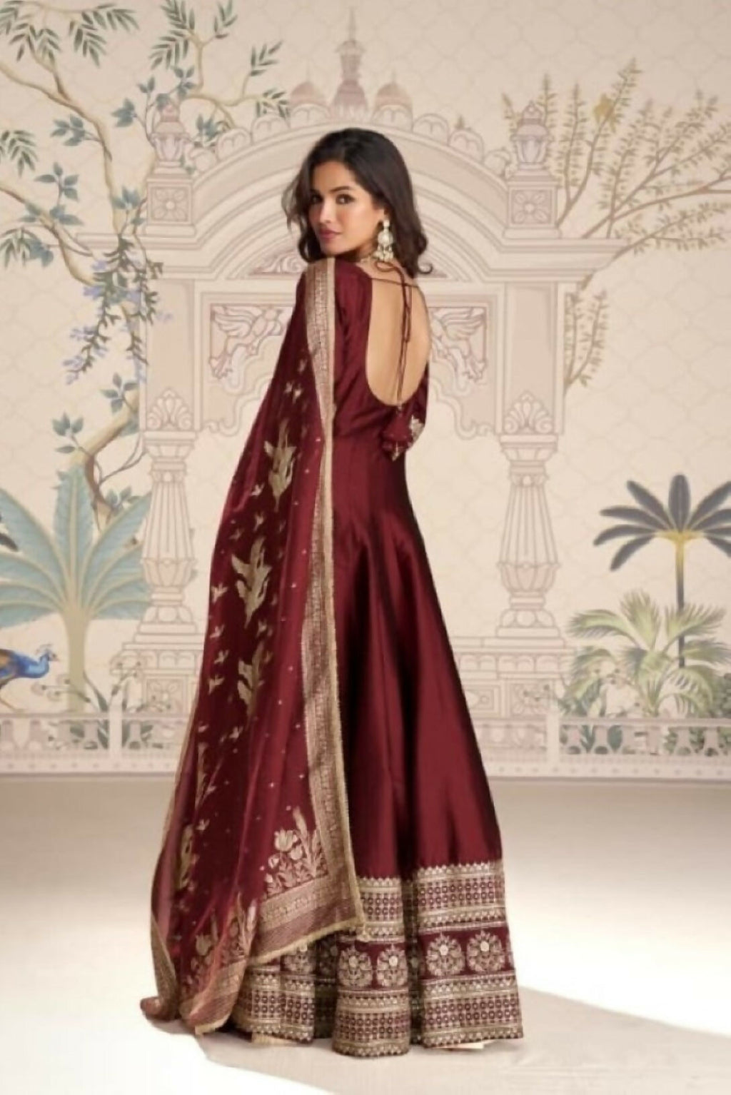 Anaita Maroon Vichitra Silk Anarkali Suit with Embroidery Sequins | Grocsy
