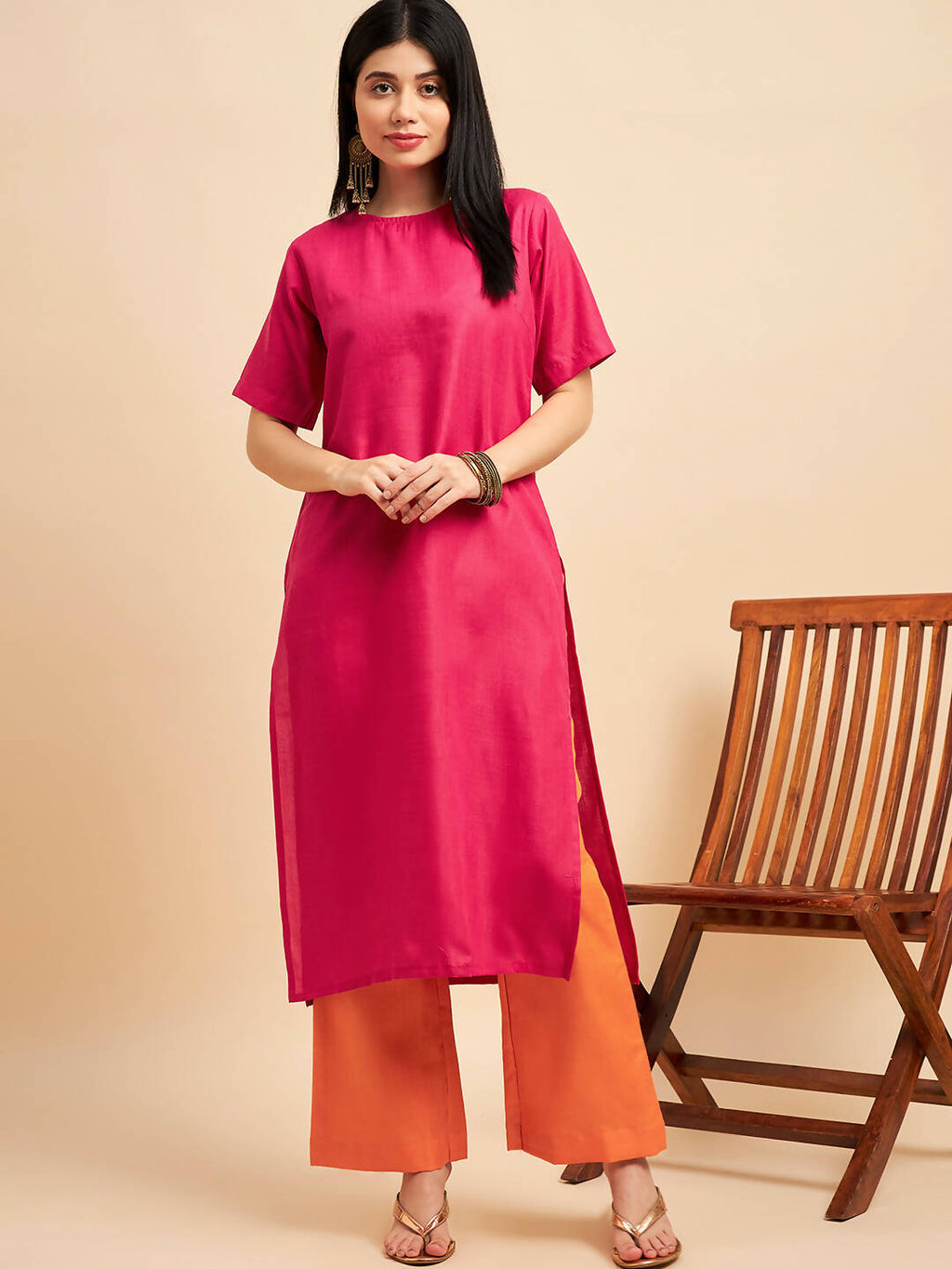Pink Polyester solid Kurta with Palazzos - Vishwa | Grocsy