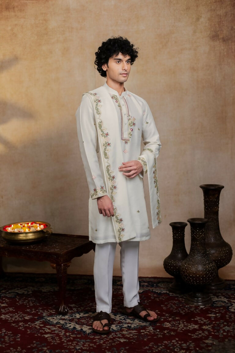 Falling Raw Silk Off White Geometric Symphony Kurta Set By Hilo Design | Grocsy