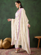 Sangria Purple Floral Embroidered Thread Work Pure Cotton Kurta & Palazzos With Dupatta | Grocsy