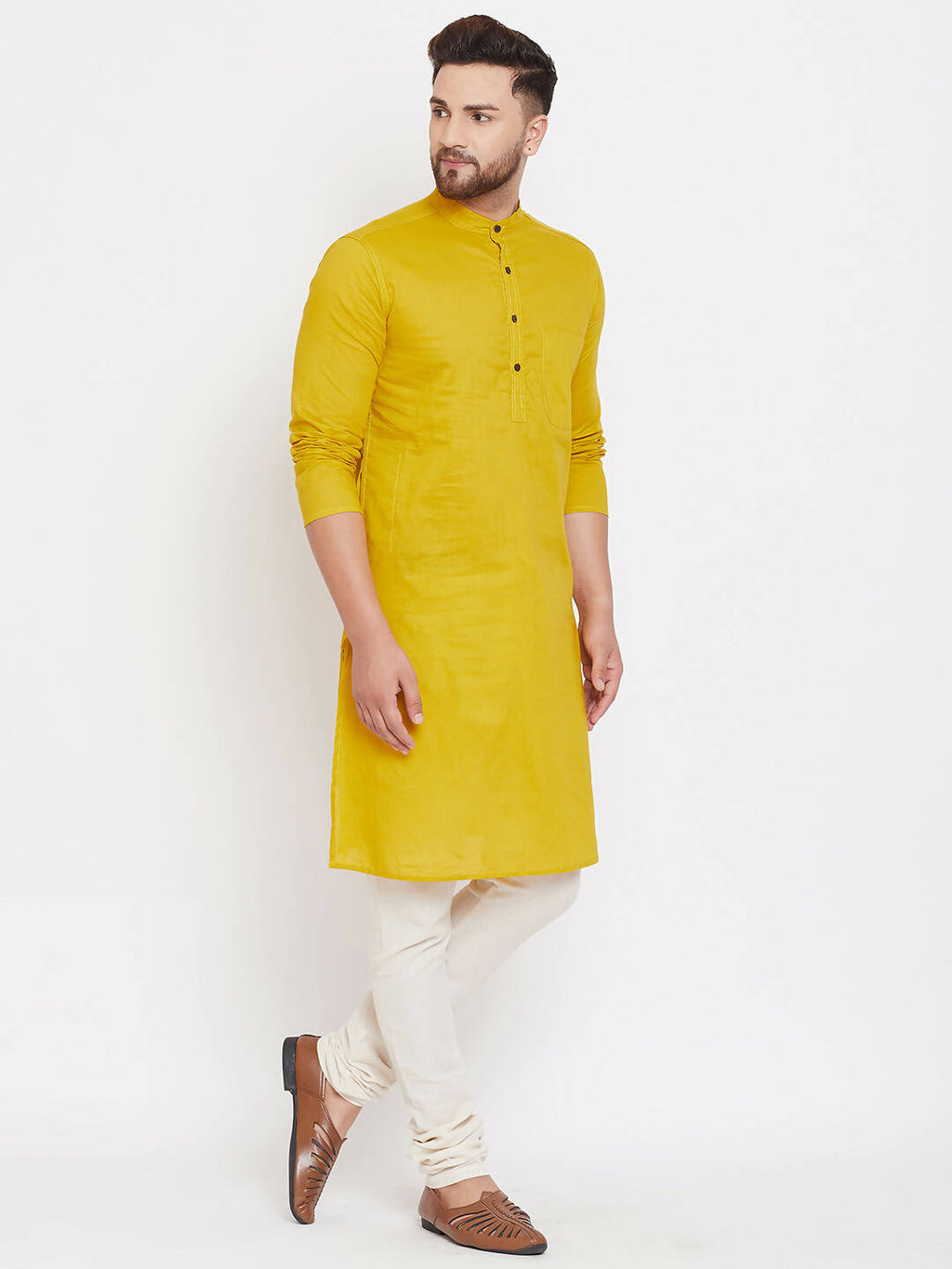Even Apparels Pure Cotton Yellow Men's Kurta With Band Collar | Grocsy