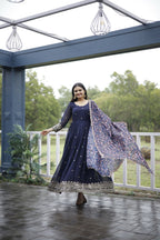Aayaa Designer Embroidery Zari Sequins-Work Faux Blooming Georgette Suit - Navy Blue | Grocsy