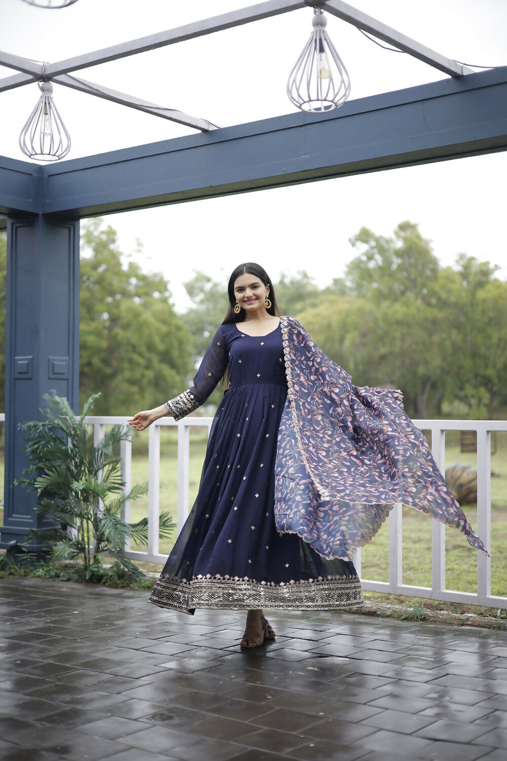 Aayaa Designer Embroidery Zari Sequins-Work Faux Blooming Georgette Suit - Navy Blue | Grocsy