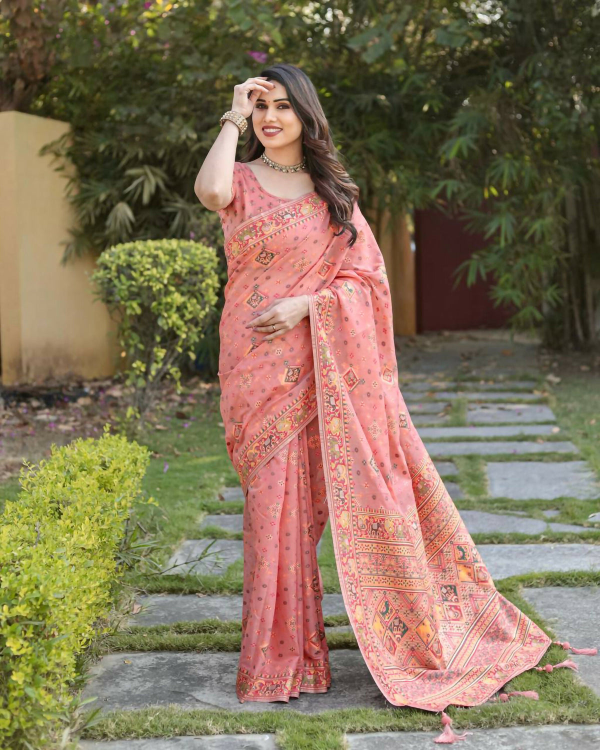 Vastranavya Luxury and Beautiful Soft, Smooth, Flowing Original Pashmina Soft Cotton Saree with Matching Blouse Fabric - Peach | Grocsy