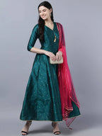 Myshka Green Red Ethnic Motifs Ethnic Anarkali Dress With Dupatta | Grocsy