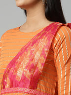 Ahalyaa Women's Orange Crepe Gold Print Dress | Grocsy