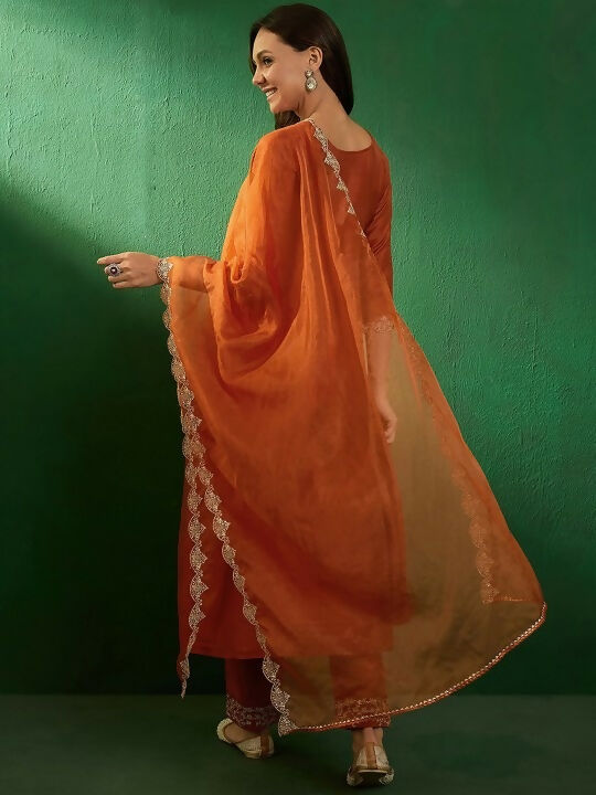 The52 Women's Beautiful Vichitra Fabric Embroidery Work Flared Anarkali Pant and Dupatta Set | Grocsy