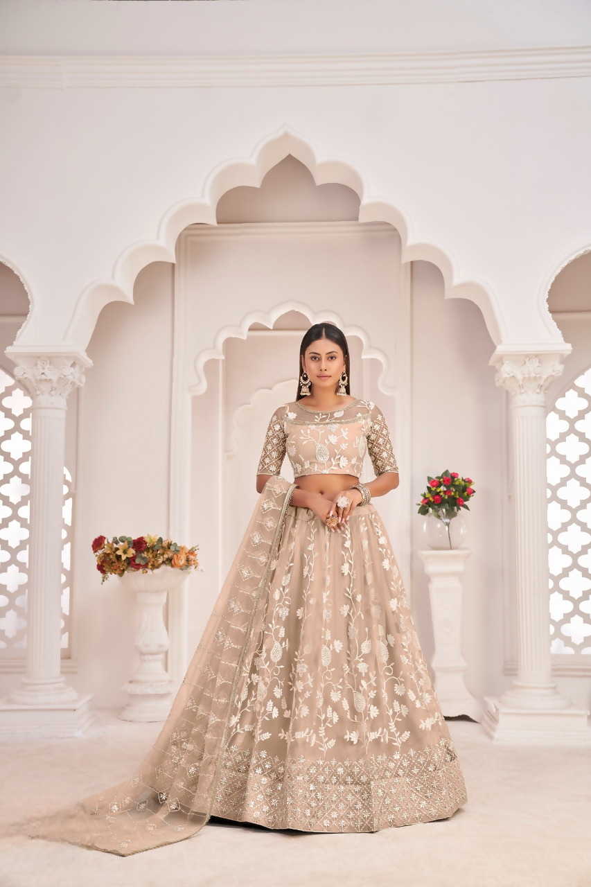 Eilara Women'S Dusty Chiqu Butterfly Net White Cotton Thread And Zari Sequence Embroidered Work Lehenga Choli For Party Wear | Grocsy