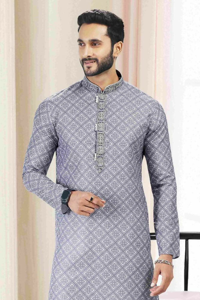 Raivat Ethnic Cotton Thread Work Kurta Pajama In Grey Colour | Grocsy