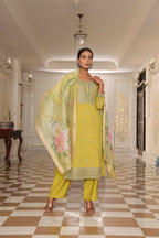 Jyoti Fashion Women's Light Yellow Cotton Silk Floral Print with Embroidered Kurta Set | Grocsy