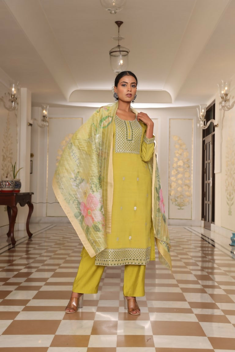 Jyoti Fashion Women's Light Yellow Cotton Silk Floral Print with Embroidered Kurta Set | Grocsy